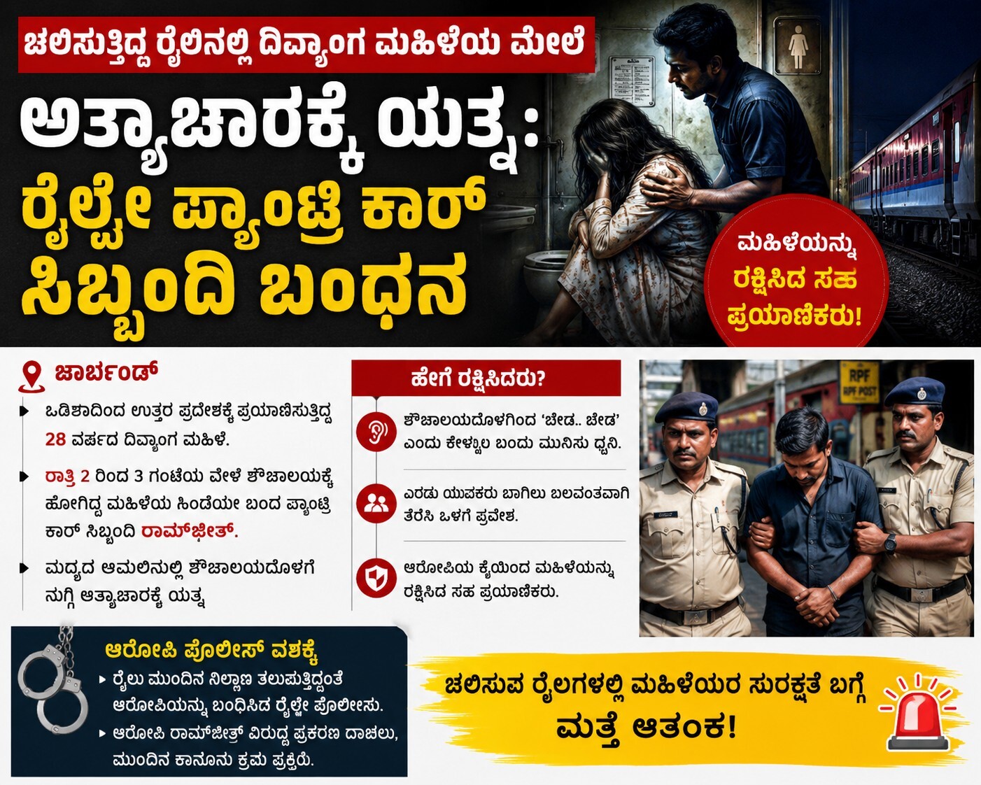 ದಿವ್ಯಾಂಗ ಮಹಿಳೆಯ ಮೇಲೆ ಅತ್ಯಾಚಾರಕ್ಕೆ ಯತ್ನ: ರೈಲ್ವೇ ಪ್ಯಾಂಟ್ರಿ ಕಾರ್ ಸಿಬ್ಬಂದಿ ಬಂಧನ