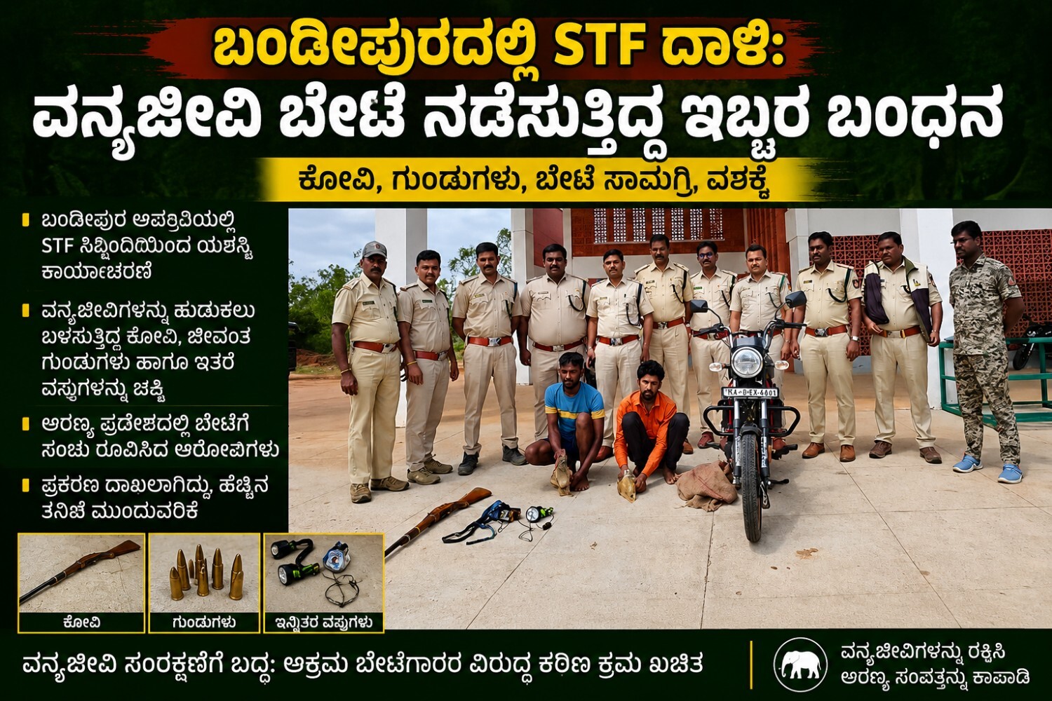 ಬಂಡೀಪುರದಲ್ಲಿ ವನ್ಯಜೀವಿ ಬೇಟೆ: ಇಬ್ಬರ ಬಂಧನ