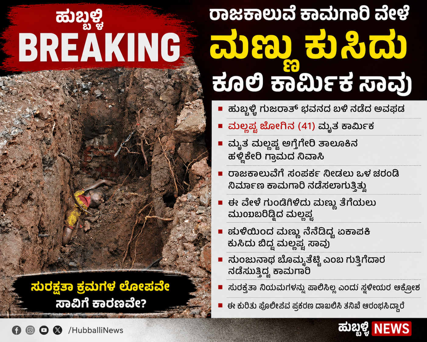 ಹುಬ್ಬಳ್ಳಿ: ರಾಜಕಾಲುವೆ ಕಾಮಗಾರಿ ವೇಳೆ ಮಣ್ಣು ಕುಸಿದು ಕಾರ್ಮಿಕ ಸಾವು