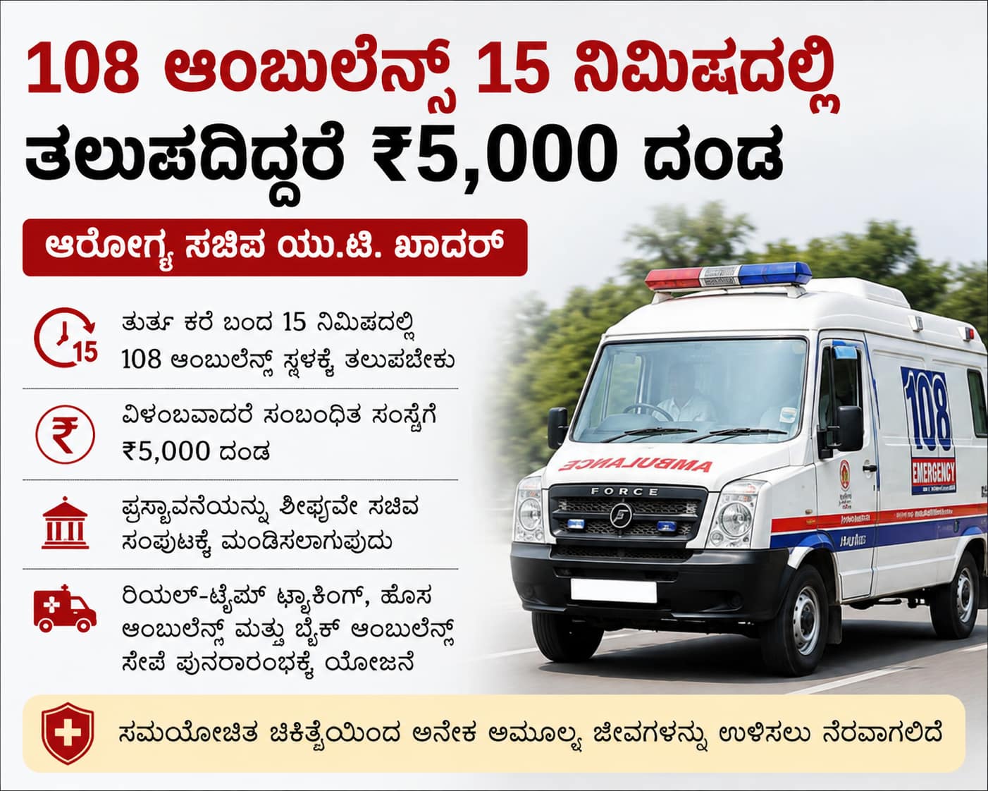 108 ಆಂಬುಲೆನ್ಸ್ 15 ನಿಮಿಷದಲ್ಲಿ ತಲುಪದಿದ್ದರೆ ₹5,000 ದಂಡ; ರಾಜ್ಯ ಸರ್ಕಾರದಿಂದ ಹೊಸ ನಿಯಮಕ್ಕೆ ಸಿದ್ಧತೆ